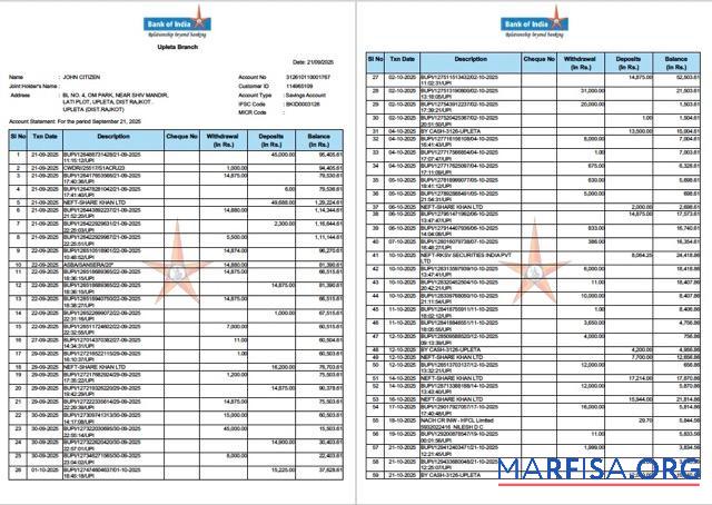 Downloadable India Bank of India account statement word 2 pages example